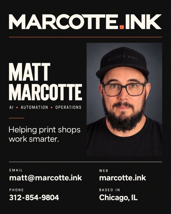 Marcotte.ink contact sheet with headshot, title line, email, phone, web and location