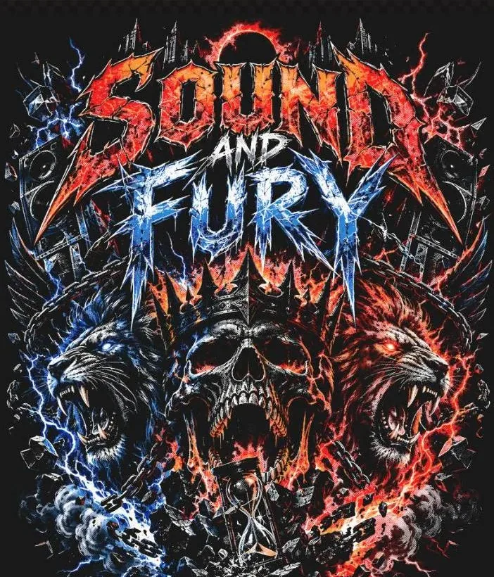 Sound and Fury sim process design shown as a print preview on a black shirt