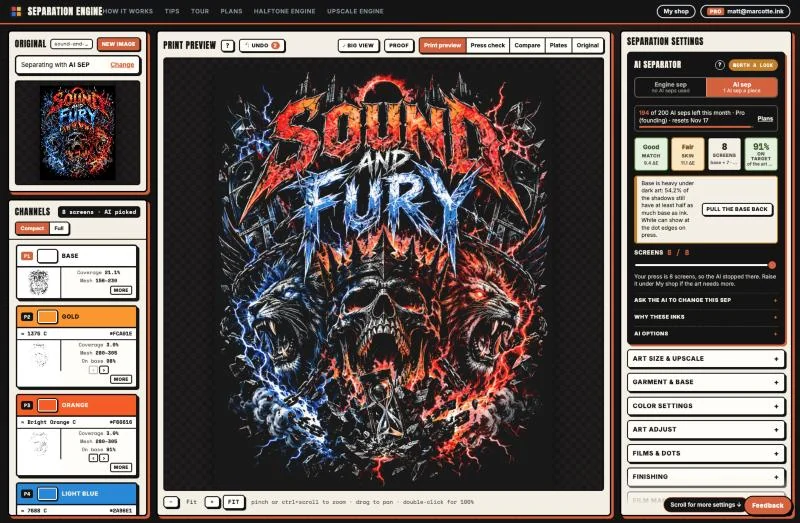 The Separation Engine with the Sound and Fury art separated: original, print preview, AI card and settings