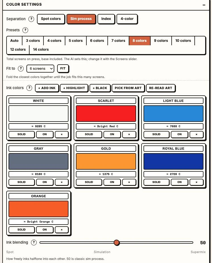 Color settings with Sim process, presets and the ink list