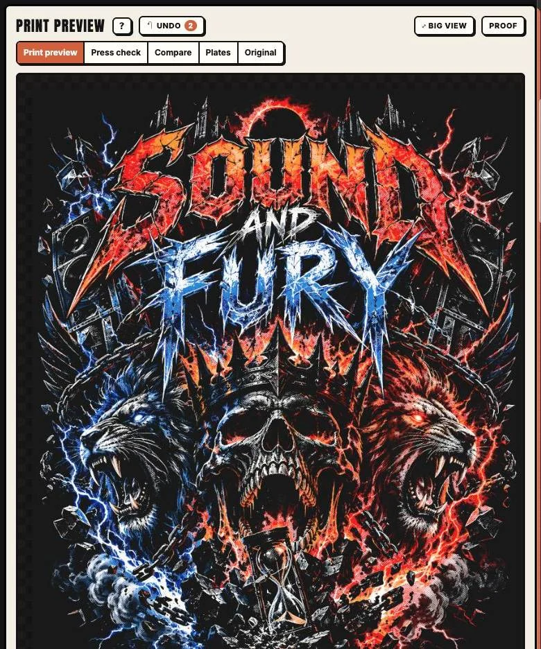 Print preview of the Sound and Fury sep on a black shirt