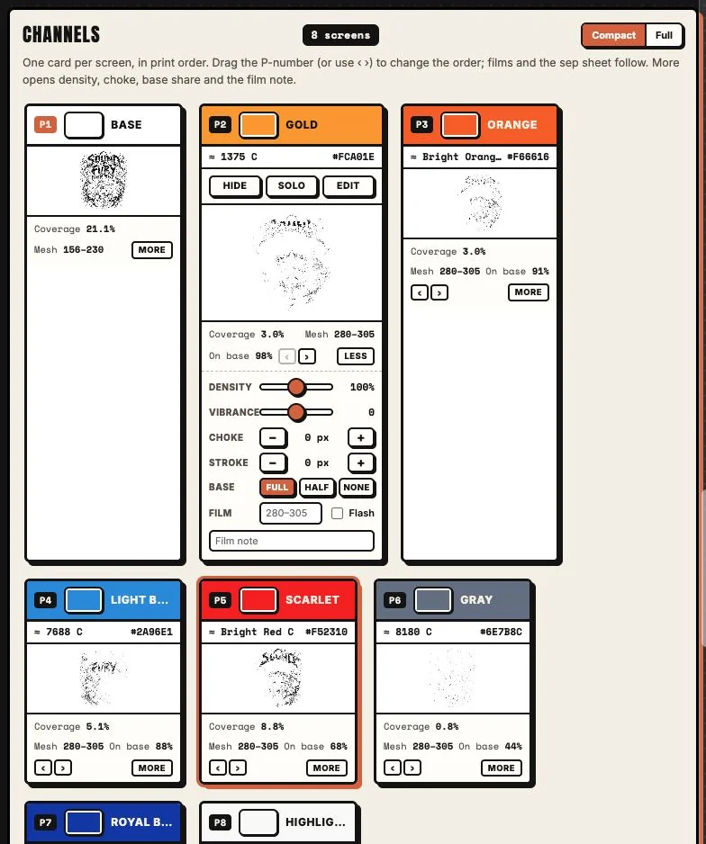 Channels panel with eight screen cards, one opened