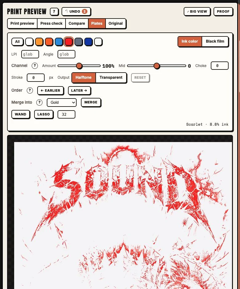 The Scarlet plate in ink color with the plate tools above it