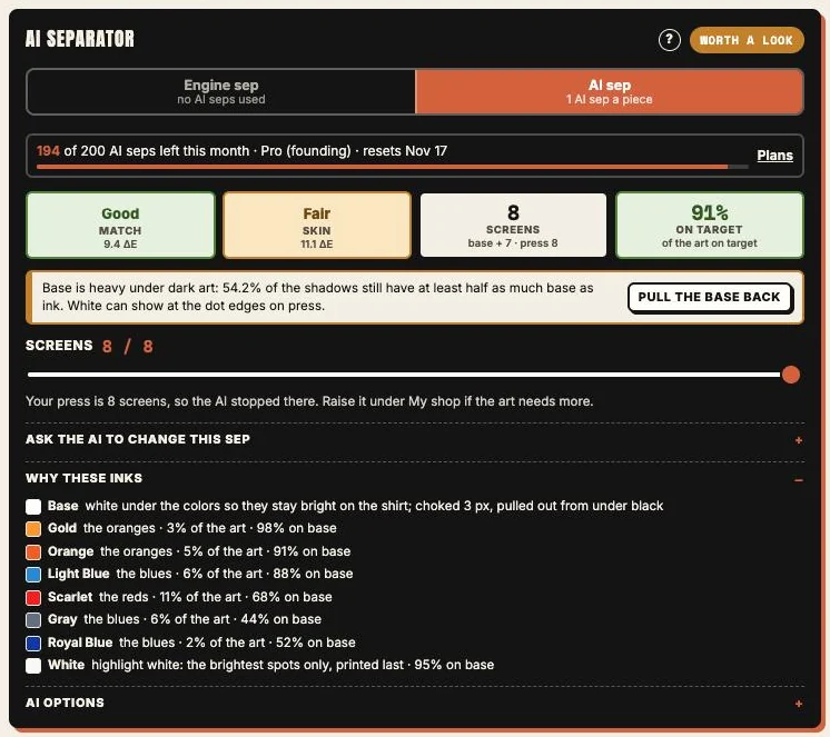 The AI card with Match, Skin, Screens and On target scores, a fix tip, the Screens slider and why each ink was picked