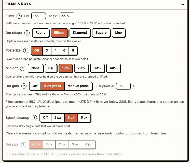 Films and dots settings