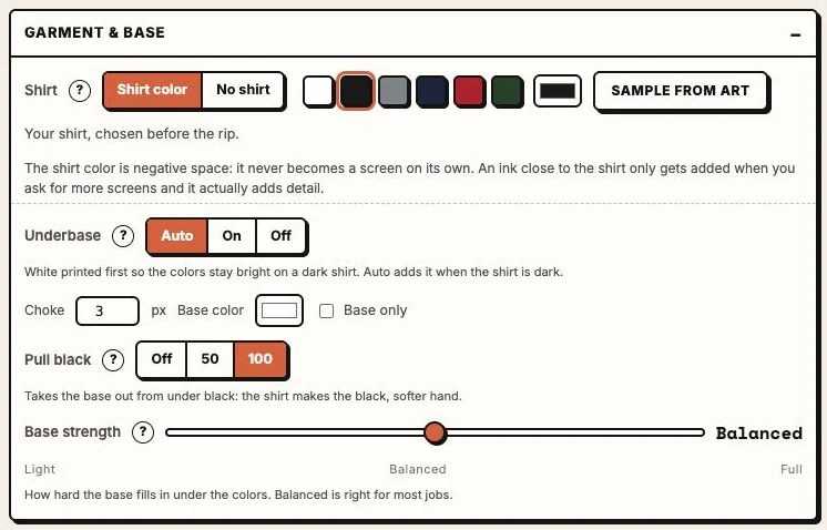 Garment and base settings