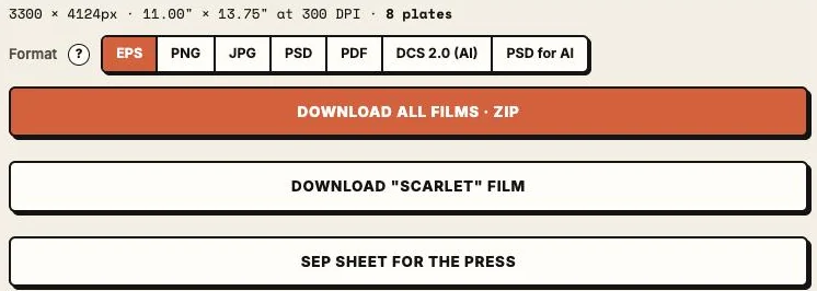 Format buttons, Download all films, Download current film and Sep sheet for the press