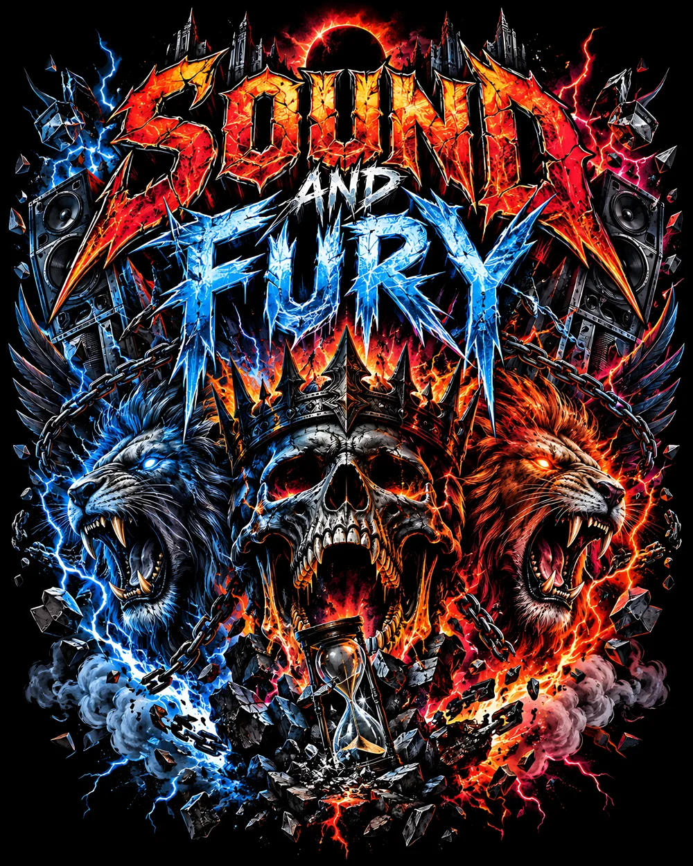 Sound and Fury art: a crowned skull between a blue lion and a red lion, lightning, chains and flames on black